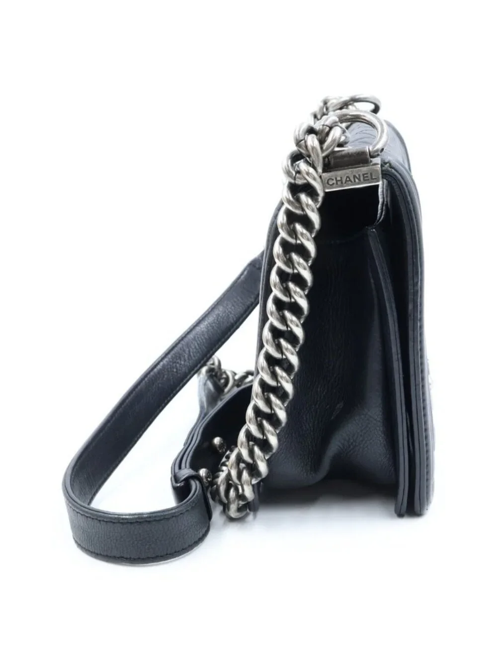 Chanel Boy 25 Quilted Lambskin Silver Chain Shoulder Bag Black